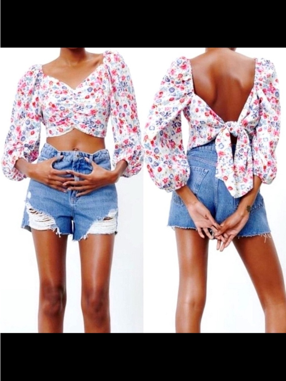 Zara linen blouse top crop floral pink blue open back tie